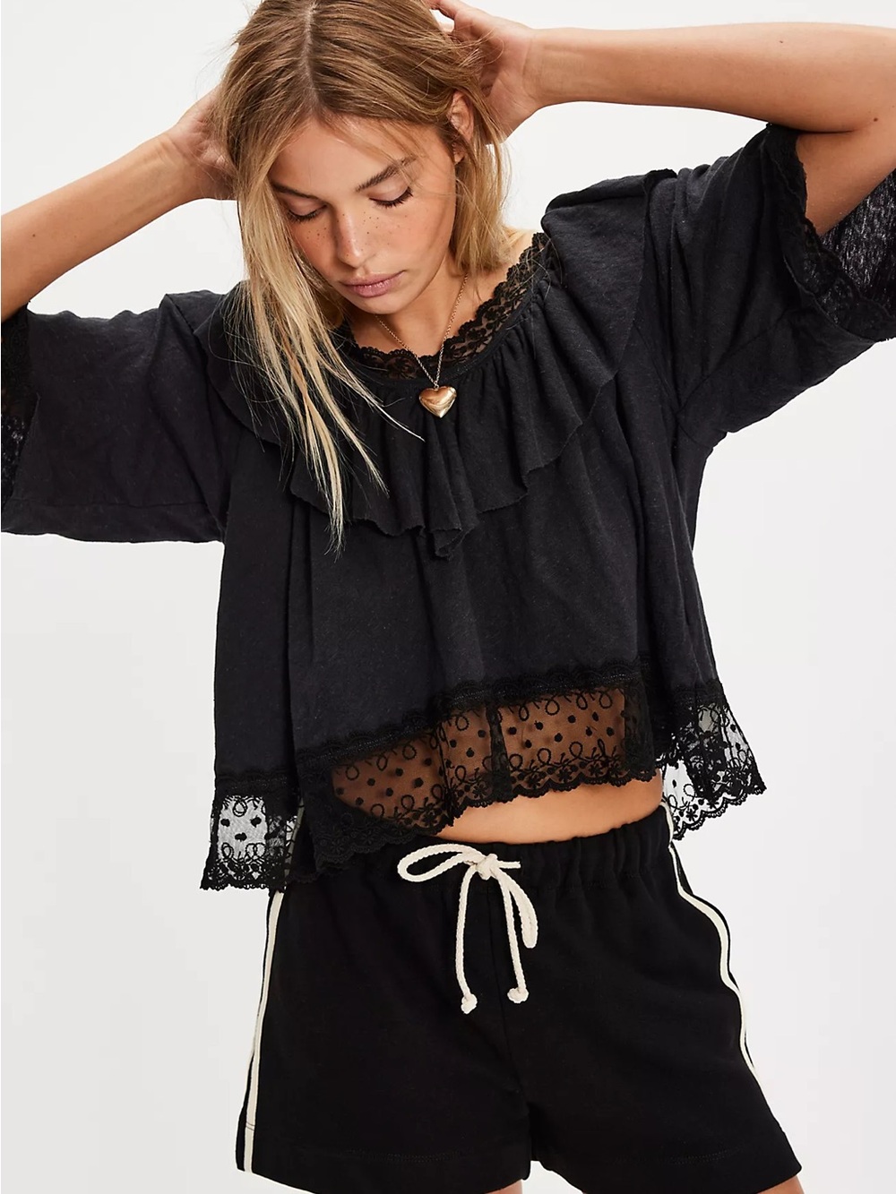 Free People Black and Gray Lace-Trim Top